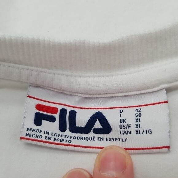 Fila Womens SZ XL Tee T Shirt White Outline Spellout TINY FLAW Stretch Boxy Fit - Picture 7 of 11